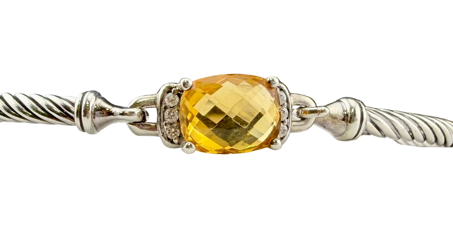 David Yurman Wheaton Collection Sterling Silver Cable Faceted Citrine Diamond Bracelet