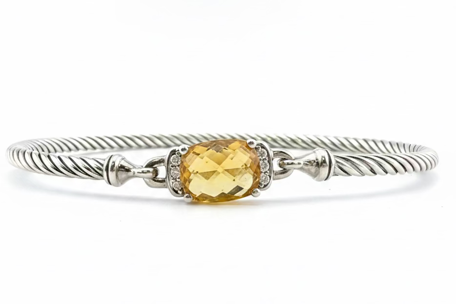 David Yurman Wheaton Collection Sterling Silver Cable Faceted Citrine Diamond Bracelet