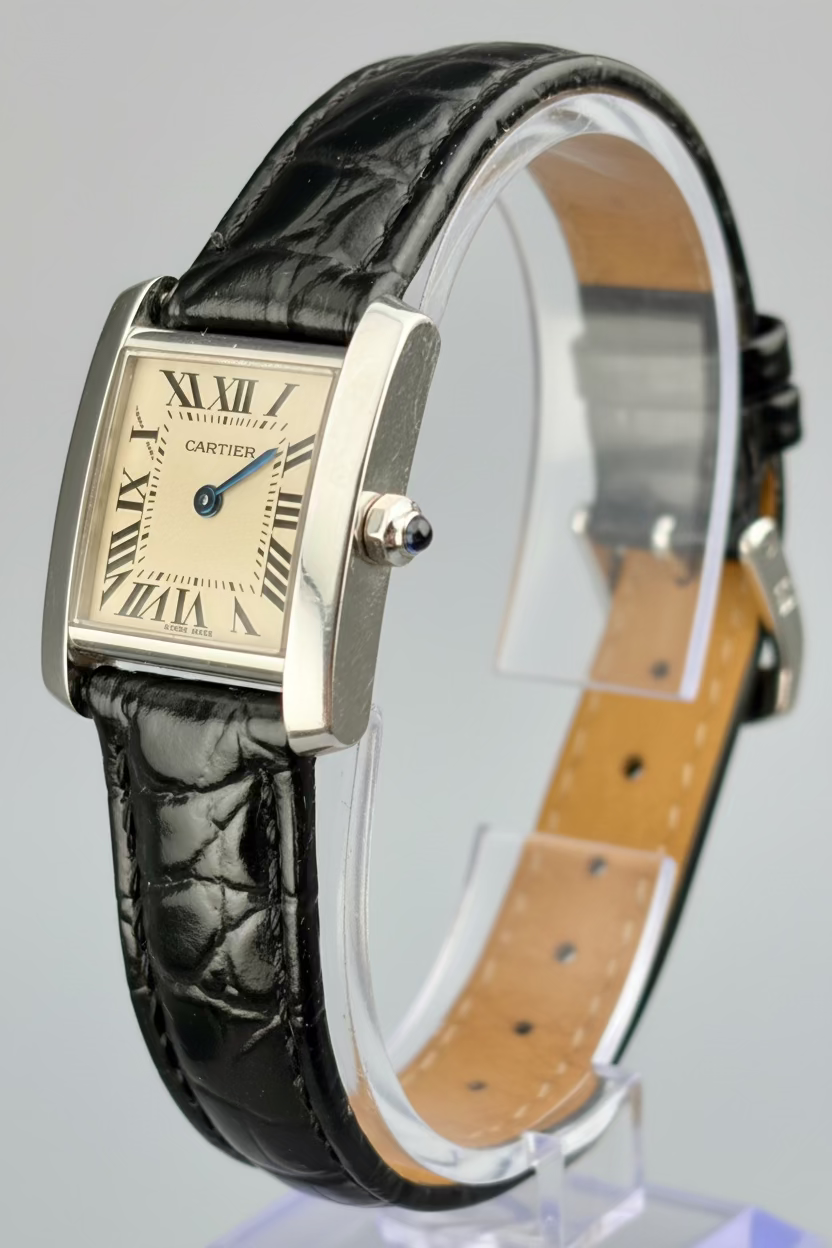 Cartier Tank Française W5001256 Ladies 18K White Gold Quartz Watch Leather Bracelet