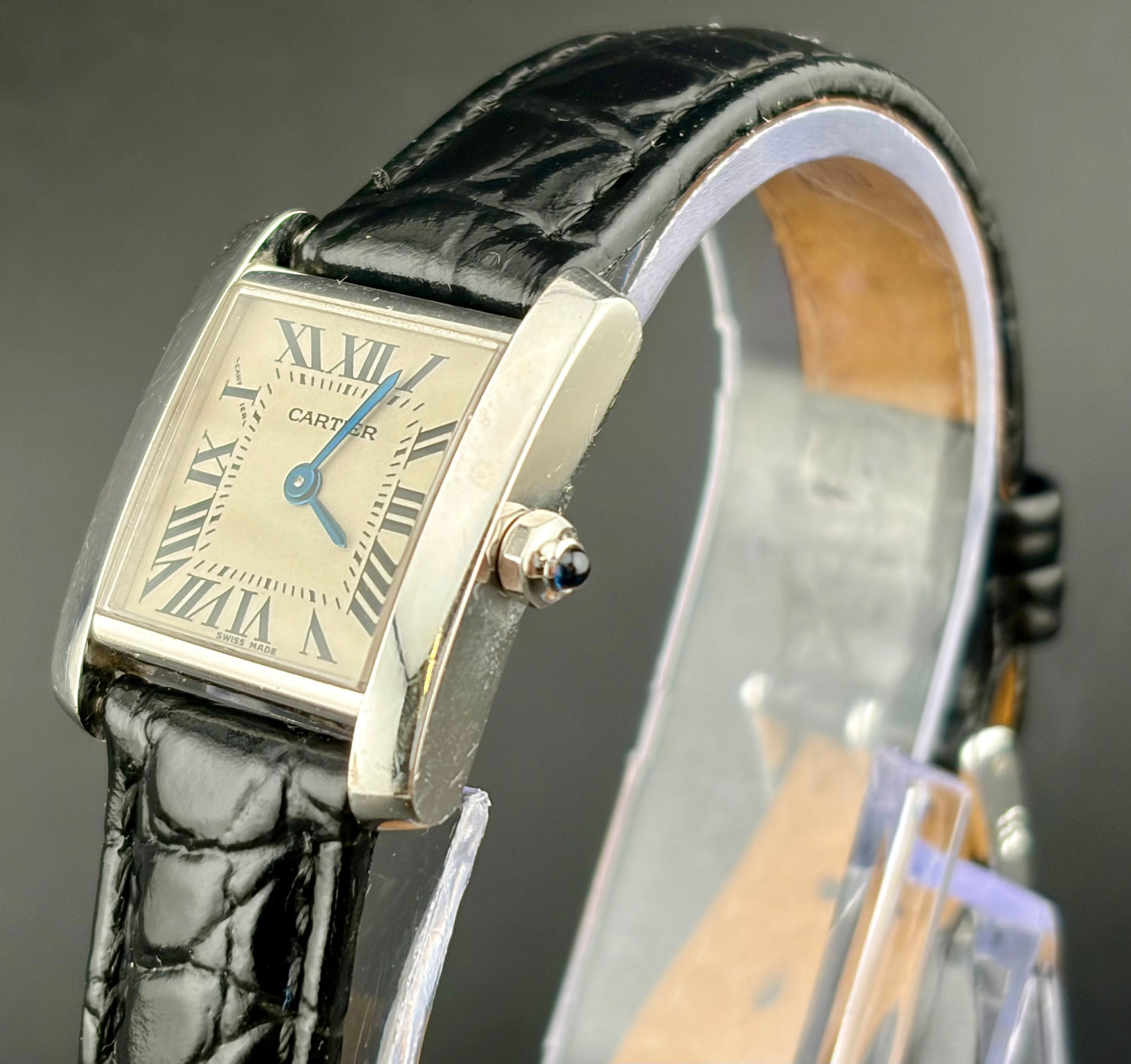 Cartier Tank Française W5001256 Ladies 18K White Gold Quartz Watch Leather Bracelet