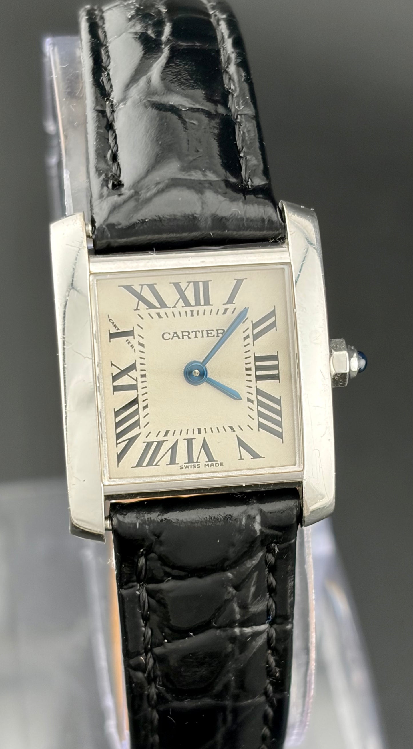 Cartier Tank Française W5001256 Ladies 18K White Gold Quartz Watch Leather Bracelet