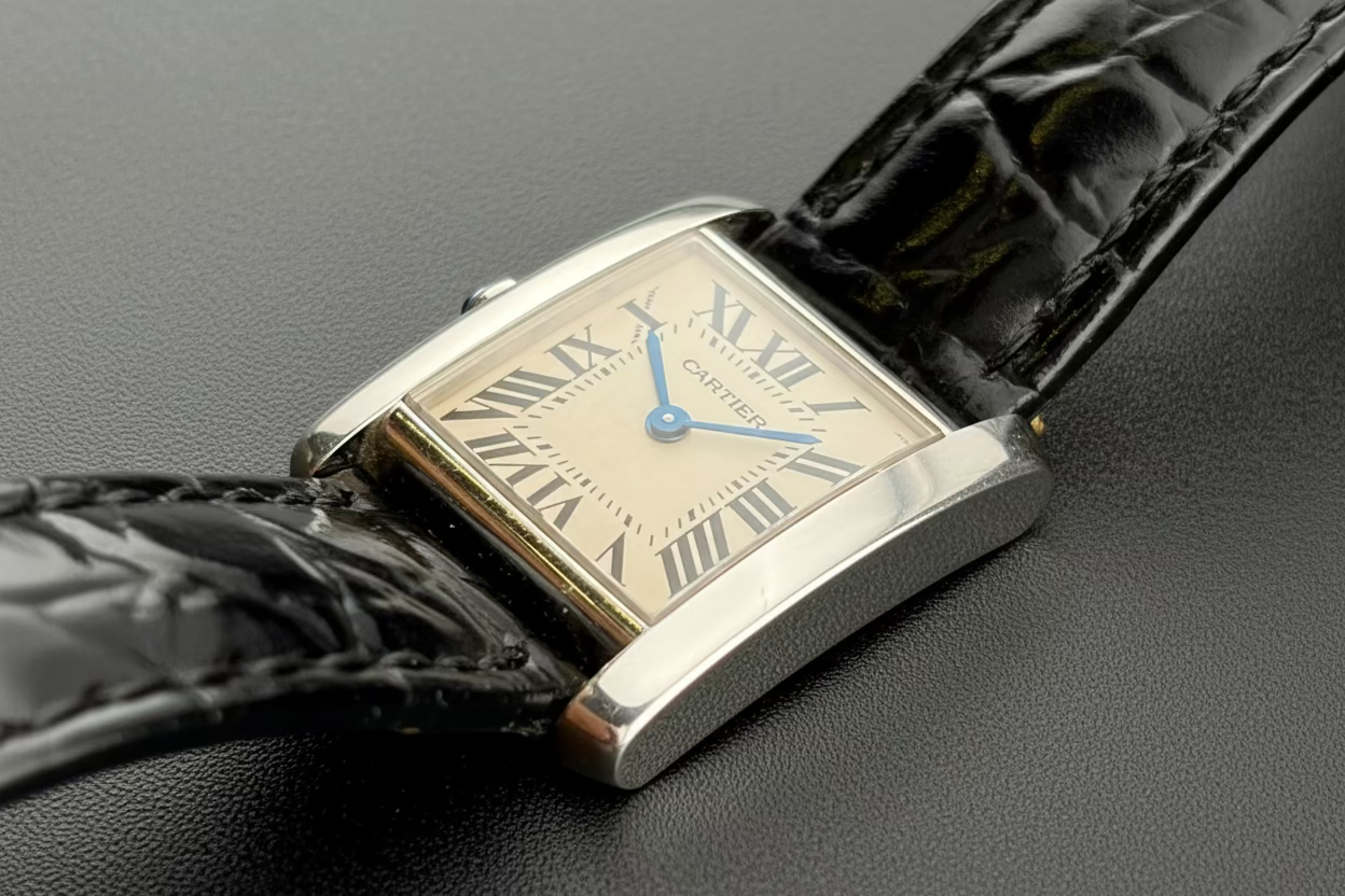 Cartier Tank Française W5001256 Ladies 18K White Gold Quartz Watch Leather Bracelet