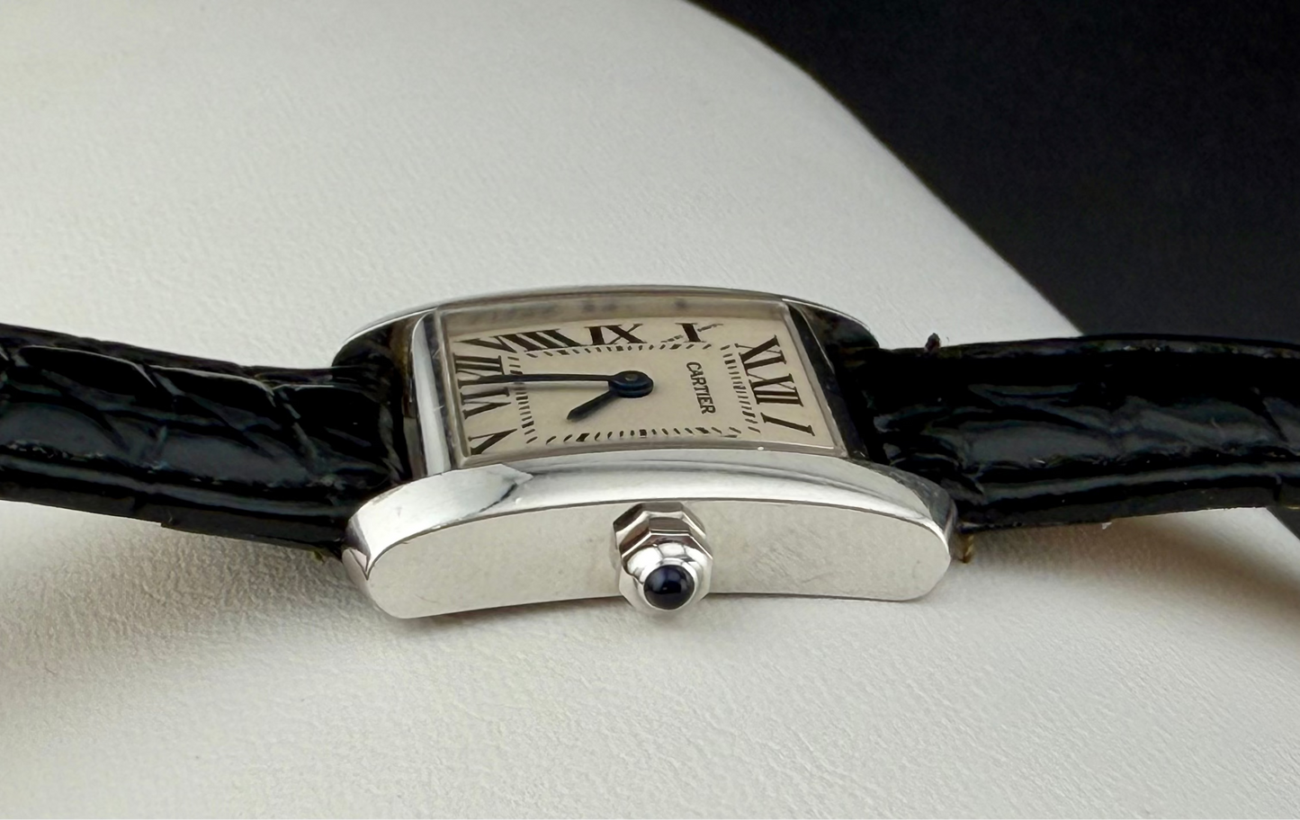 Cartier Tank Française W5001256 Ladies 18K White Gold Quartz Watch Leather Bracelet