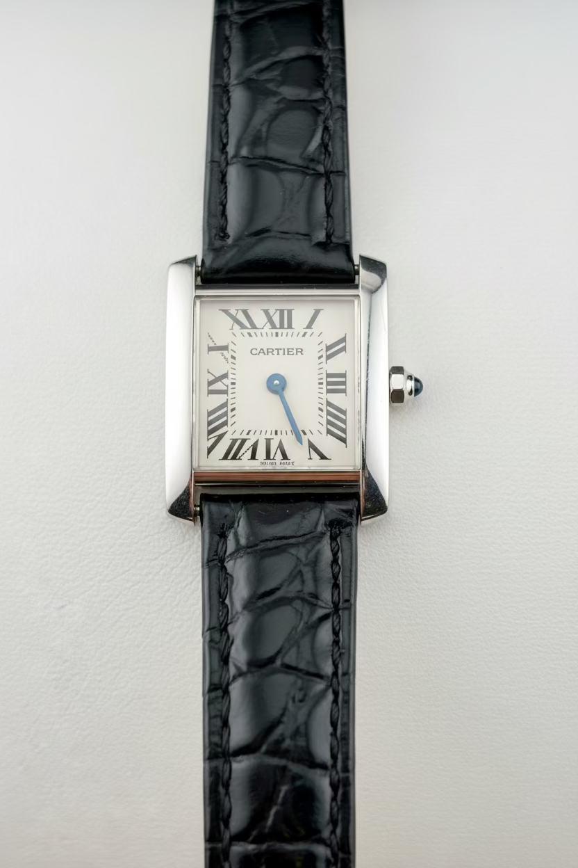 Cartier Tank Française W5001256 Ladies 18K White Gold Quartz Watch Leather Bracelet