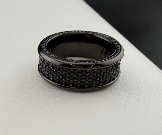 David Yurman Streamline Black 925 Titanium Pavé Three Row Black Diamond Ring 6.5