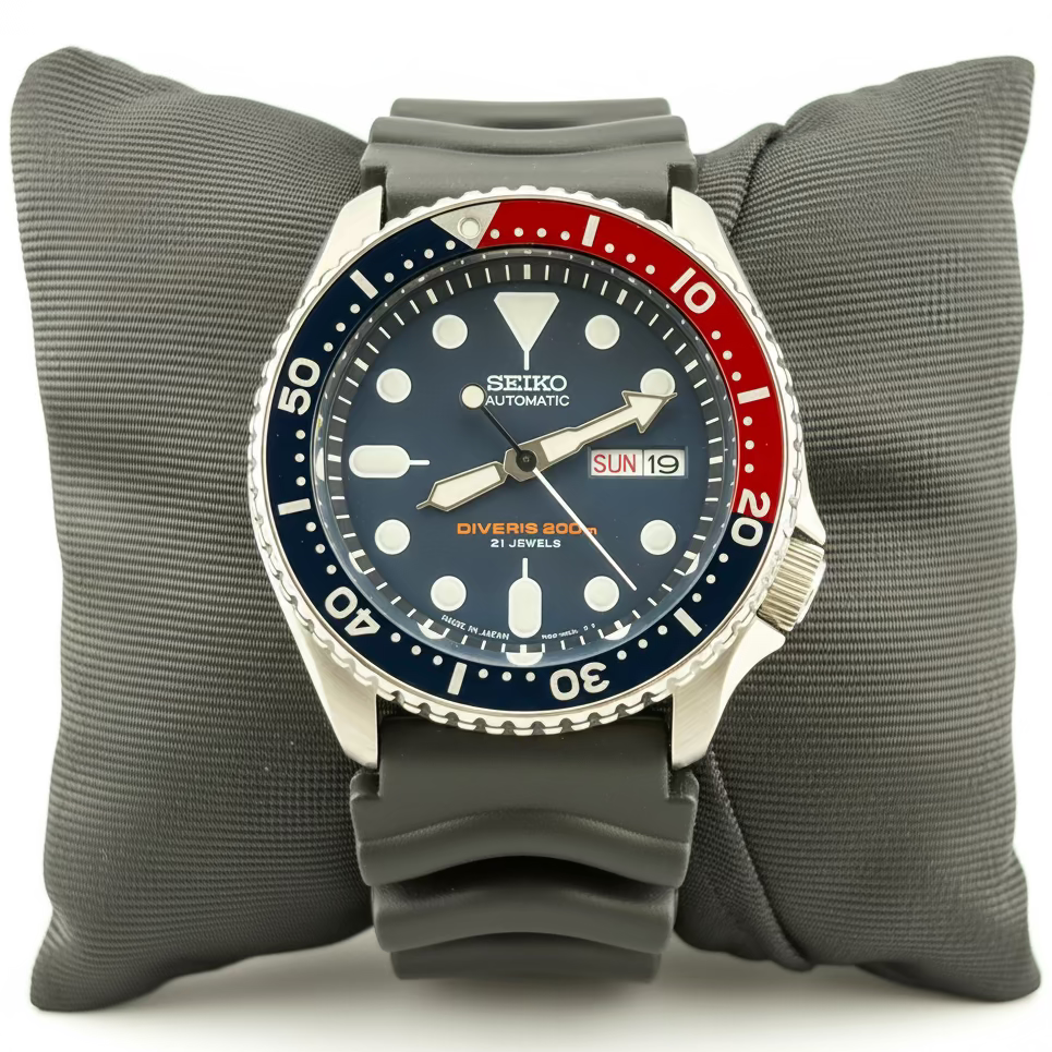 Seiko Automatic Day Date 200m Blue Red Stainless Steel Men's Watch SKX009J Silicone Strap