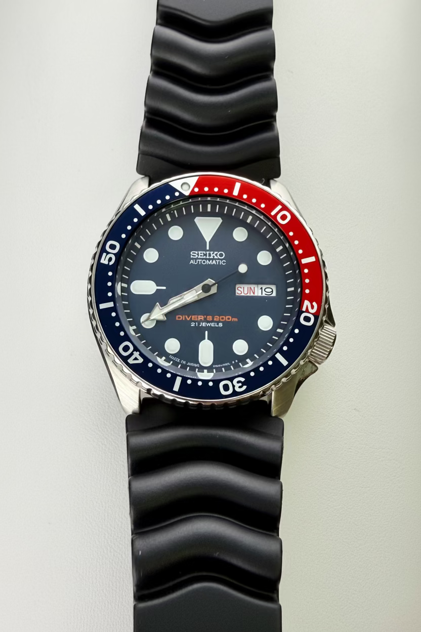 Seiko Automatic Day Date 200m Blue Red Stainless Steel Men's Watch SKX009J Silicone Strap