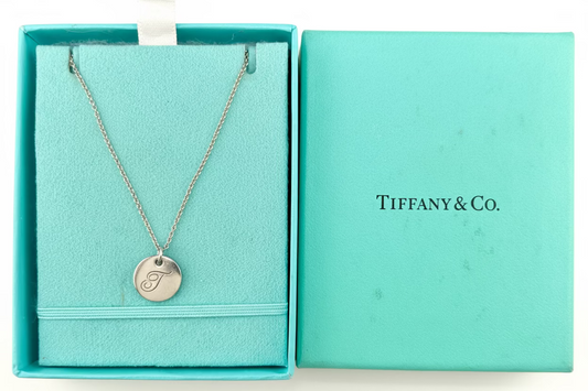 Tiffany &. Co Engraved Notes Initial "T" Round Disc Letter Pendant Necklace 925 Sterling Silver