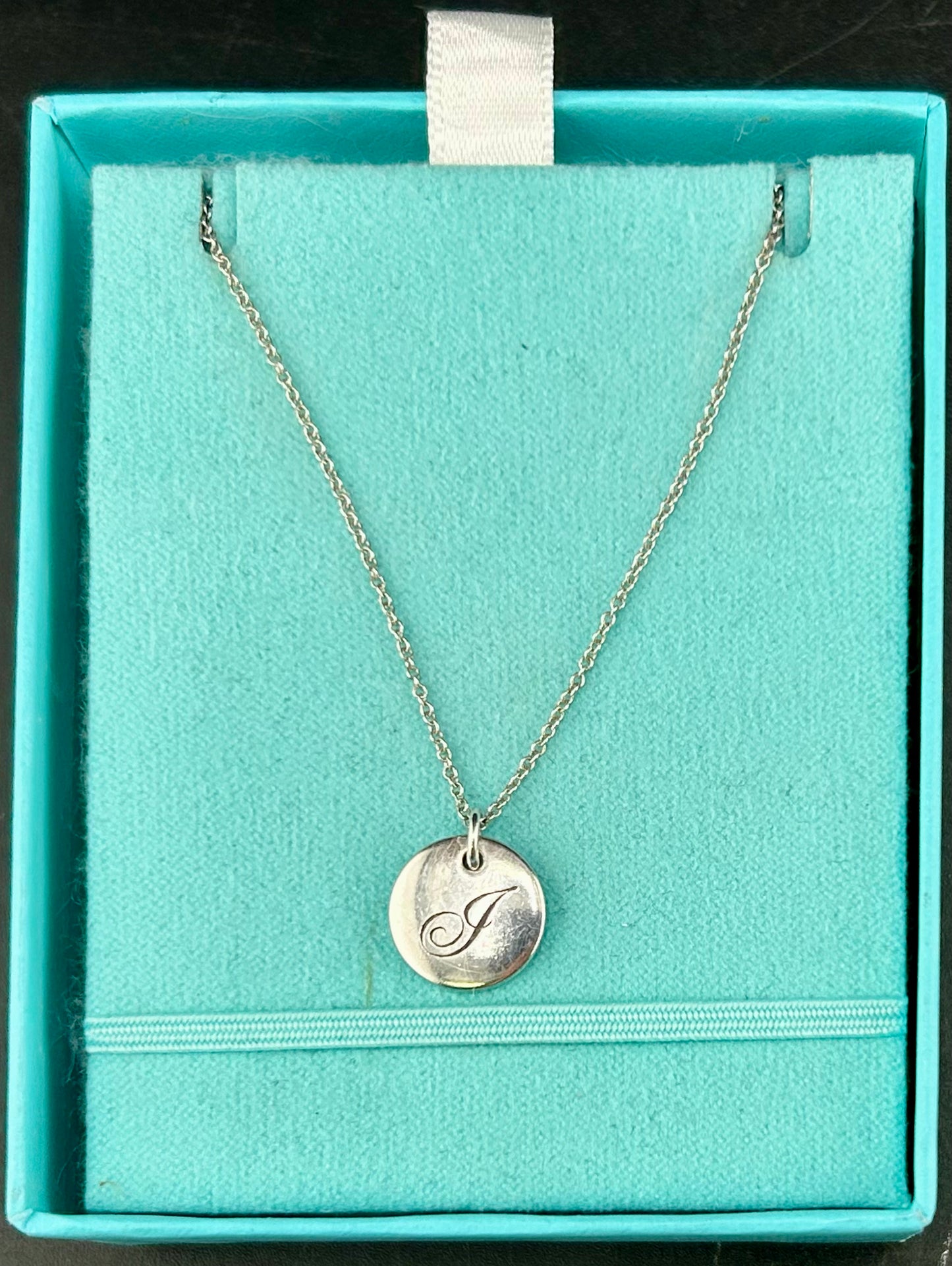 Tiffany &. Co Engraved Notes Initial "T" Round Disc Letter Pendant Necklace 925 Sterling Silver