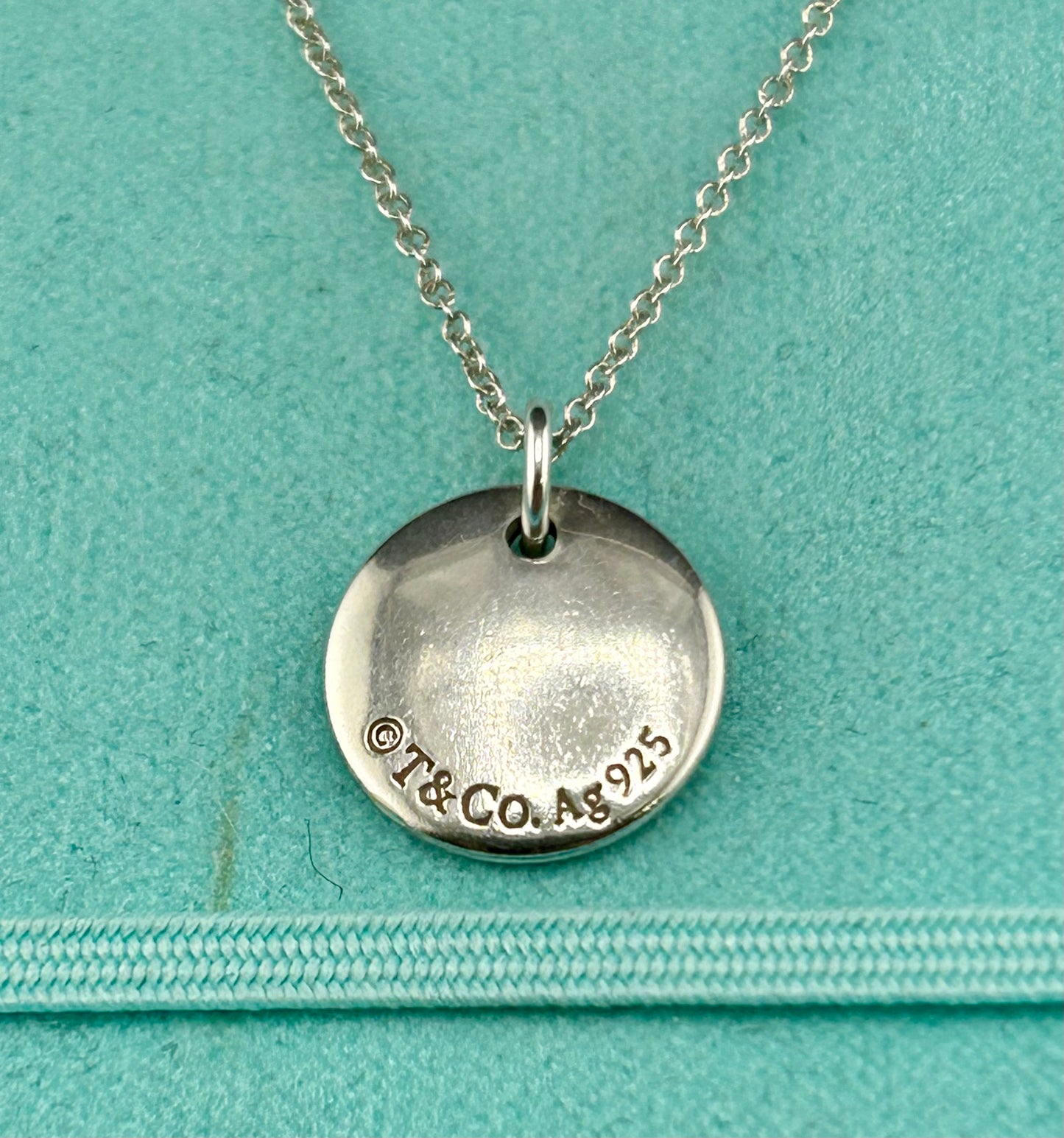 Tiffany &. Co Engraved Notes Initial "T" Round Disc Letter Pendant Necklace 925 Sterling Silver