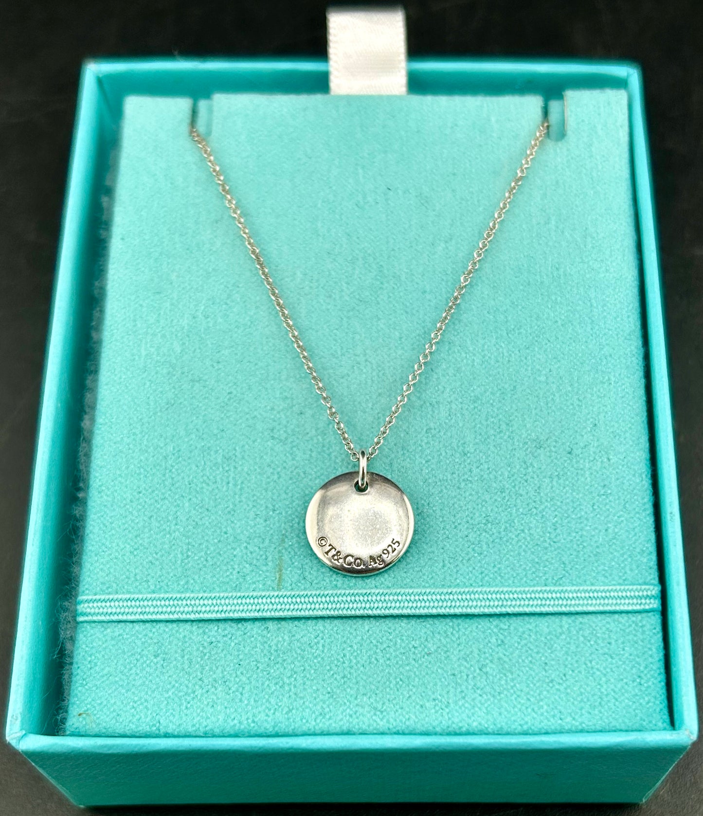 Tiffany &. Co Engraved Notes Initial "T" Round Disc Letter Pendant Necklace 925 Sterling Silver