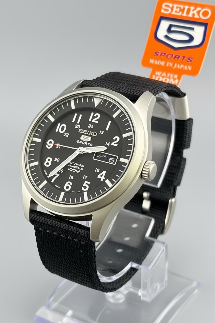 SEIKO 5 SPORTS Automatic SNZG15J1 Black Dial Black Vinyl Strap Stainless Steel Men's Watch