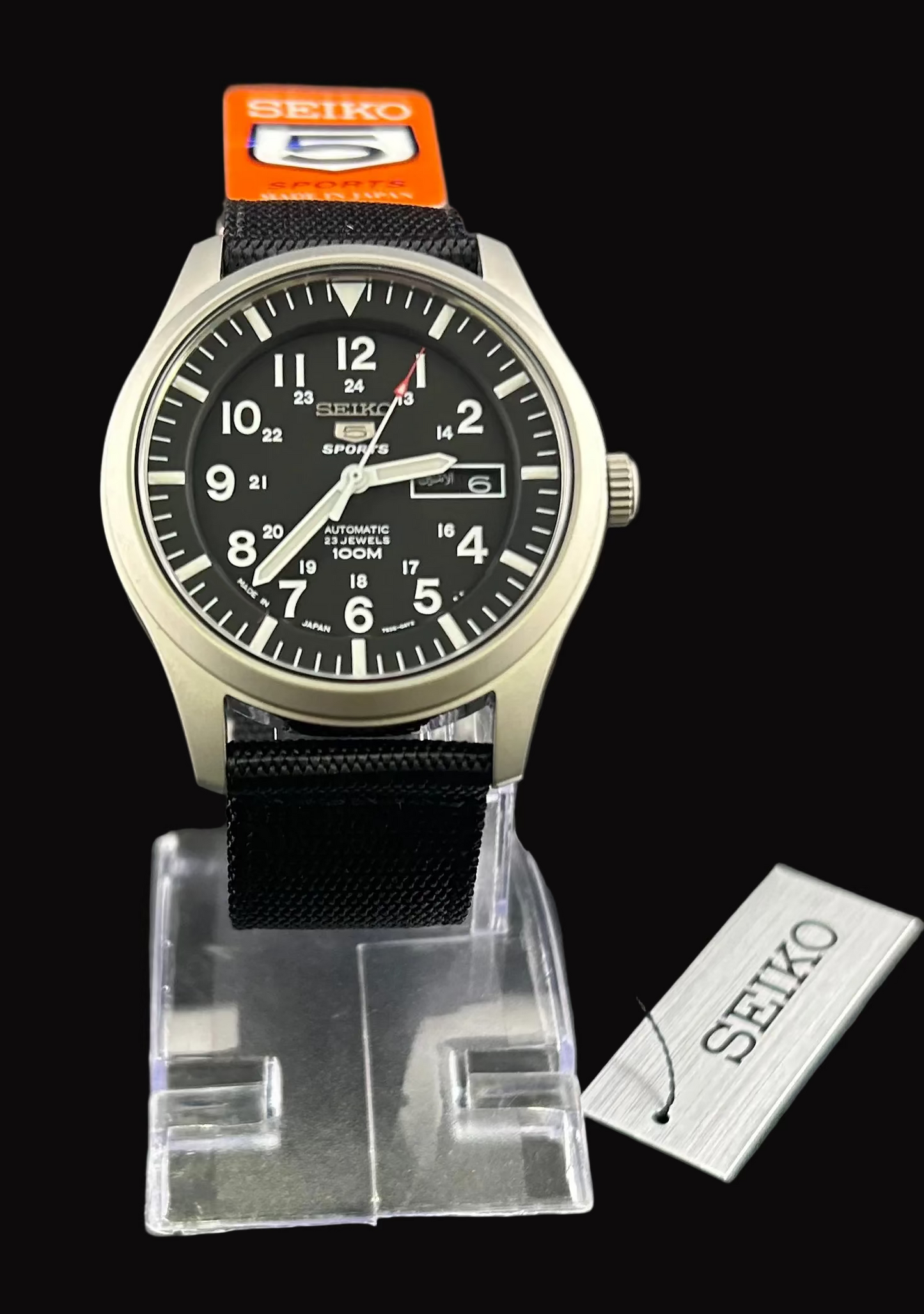 SEIKO 5 SPORTS Automatic SNZG15J1 Black Dial Black Vinyl Strap Stainless Steel Men's Watch